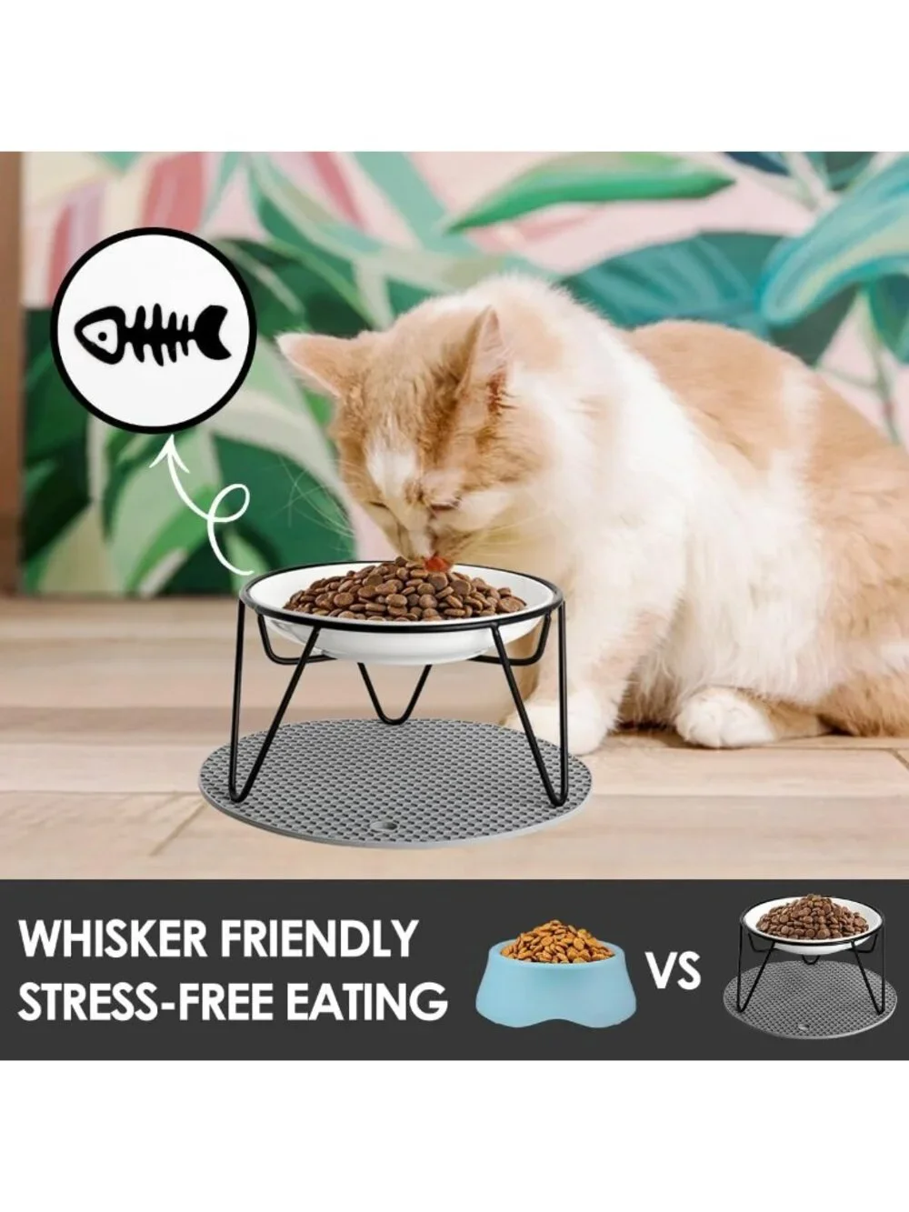 Elevated Cat Bowls Set - Ceramic Dishes with Metal Stand, Whisker Friendly